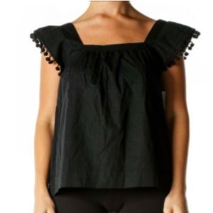 J. Crew Black Square Neck Pompom Top